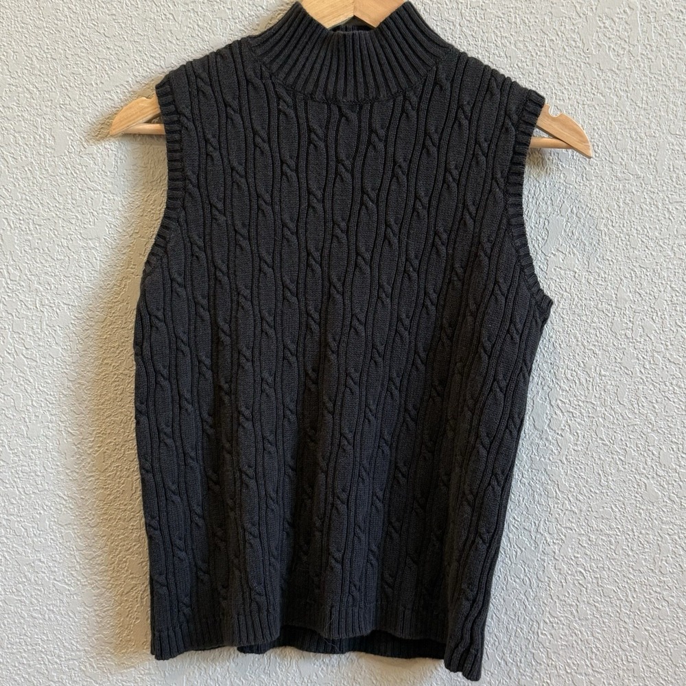 Villager Sport Cable Rib Knit Sleeveless Mock Neck Sweater Natural Fibers Black